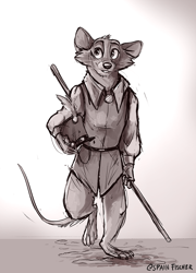 Size: 720x1000 | Tagged: safe, artist:spain fischer, justin (the secret of nimh), mammal, rat, rodent, anthro, plantigrade anthro, sullivan bluth studios, the secret of nimh, clothes, grayscale, male, monochrome, shako, shirt, simple background, solo, solo male, staff, topwear, white background