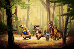 Size: 1280x851 | Tagged: safe, artist:spain fischer, badger, canine, fox, mammal, mustelid, otter, procyonid, raccoon, rodent, squirrel, anthro, feral, plantigrade anthro, backpack, ball, beach ball, brown body, brown fur, clothes, ears, forest, fur, hat, male, ollie otter, outdoors, plant, ranger rick, sammy squirrel, shirt, tail, topwear, tree
