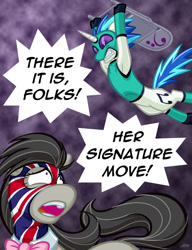 Size: 720x937 | Tagged: safe, artist:texasuberalles, octavia melody (mlp), vinyl scratch (mlp), earth pony, equine, fictional species, mammal, pony, unicorn, semi-anthro, friendship is magic, hasbro, my little pony, armpits, bass clef, bow tie, clothes, duo, falling, female, folding chair, holding, hoof hold, hooves, jumping, looking back, lucha libre, luchador, mare, mask, open mouth, speech bubble, sports, wrestling