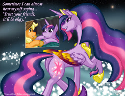Size: 937x720 | Tagged: safe, artist:texasuberalles, applejack (mlp), twilight sparkle (mlp), alicorn, earth pony, equine, fictional species, mammal, pony, unicorn, feral, friendship is magic, hasbro, my little pony, spoiler, spoiler:the last problem (mlp:fim), clothes, cloven hooves, colored hooves, colored wings, cowboy hat, crown, duality, ethereal mane, ethereal tail, female, hat, holding, hoof hold, hooves, jewelry, mare, regalia, scene interpretation, self paradox, solo focus, unshorn fetlocks, wings