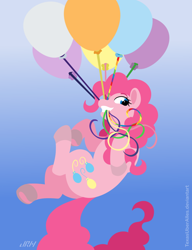 Size: 720x937 | Tagged: safe, artist:texasuberalles, pinkie pie (mlp), earth pony, equine, fictional species, mammal, pony, feral, friendship is magic, hasbro, my little pony, balloon, female, floating, flying, gradient background, holding, hooves, lineless, mare, mouth hold, smiling, solo, solo female, then watch her balloons lift her up to the sky, underhoof