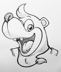 Size: 1532x1803 | Tagged: safe, artist:fullmetalsketch, banjo (banjo-kazooie), bear, mammal, anthro, banjo-kazooie, rareware, backpack, chest fluff, fluff, grayscale, jewelry, looking at you, male, monochrome, necklace, open mouth, sharp teeth, smiling, solo, solo male, teeth, traditional art