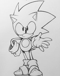 Size: 2448x3060 | Tagged: safe, artist:fullmetalsketch, sonic the hedgehog (sonic), hedgehog, mammal, anthro, plantigrade anthro, sega, sonic the hedgehog (series), 2020, black eyes, clothes, gloves, grayscale, hand on hip, high res, looking at you, male, monochrome, no pupils, quills, reaching out, shoes, smiling, sneakers, solo, solo male, traditional art