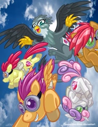 Size: 720x937 | Tagged: safe, artist:texasuberalles, apple bloom (mlp), babs seed (mlp), gabby (mlp), scootaloo (mlp), sweetie belle (mlp), bird, earth pony, equine, feline, fictional species, gryphon, mammal, pegasus, pony, unicorn, feral, friendship is magic, hasbro, my little pony, beak, bird feet, cloud, colored pupils, cutie mark crusaders (mlp), dock, falling, female, filly, flying, foal, goggles, hooves, looking at you, open beak, open mouth, parachute, skydiving, smiling, tail, underhoof, young