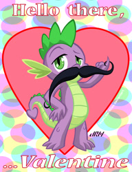 Size: 720x937 | Tagged: safe, artist:texasuberalles, spike (mlp), dragon, fictional species, western dragon, semi-anthro, friendship is magic, hasbro, my little pony, facial hair, heart, holiday, looking at you, male, moustache, solo, solo male, valentine, valentine's day