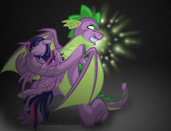 Size: 937x720 | Tagged: safe, artist:texasuberalles, spike (mlp), twilight sparkle (mlp), alicorn, dragon, equine, fictional species, mammal, pony, western dragon, anthro, feral, friendship is magic, hasbro, my little pony, angry, duo, eyes closed, fangs, female, gradient background, horn, male, mare, older, protecting, sharp teeth, simple background, tail, teeth, wings