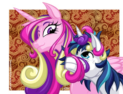 Size: 937x720 | Tagged: safe, artist:texasuberalles, princess cadence (mlp), shining armor (mlp), alicorn, equine, fictional species, mammal, pony, unicorn, feral, friendship is magic, hasbro, my little pony, female, hair, husband, husband and wife, looking down, looking up, male, male/female, mare, messy hair, stallion, wife