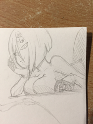 Size: 2448x3264 | Tagged: suggestive, artist:fullmetalsketch, rachnera arachnera (monster musume), arachnid, arthropod, fictional species, mammal, spider, humanoid, taur, monster musume, black sclera, breast squish, breasts, claws, colored sclera, drider, female, high res, lying down, multiple eyes, nudity, pencil drawing, photo, prone, smiling, solo, solo female, traditional art