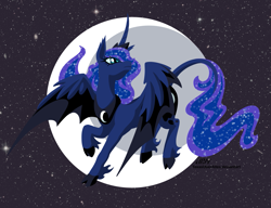 Size: 1301x1000 | Tagged: safe, artist:texasuberalles, princess luna (mlp), alicorn, classical unicorn, equine, fictional species, mammal, pony, unicorn, feral, friendship is magic, hasbro, my little pony, bat wings, cloven hooves, crescent moon, curved horn, female, flying, hair, hooves, horn, leonine tail, lineless, looking back, mane, mare, moon, slit pupils, solo, solo female, space, starry hair, starry mane, starry tail, tail, unshorn fetlocks, webbed wings, wings