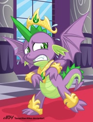 Size: 720x937 | Tagged: safe, artist:texasuberalles, spike (mlp), dragon, fictional species, western dragon, semi-anthro, friendship is magic, hasbro, my little pony, alicornified, crown, horned dragon, jewelry, male, princess, race swap, regalia, solo, solo male, sweatdrop, tail, wings
