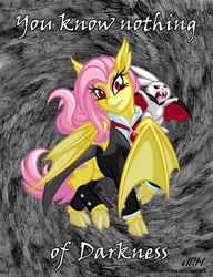 Size: 720x937 | Tagged: safe, artist:texasuberalles, angel bunny (mlp), flutterbat (mlp), fluttershy (mlp), bat pony, equine, fictional species, lagomorph, mammal, pony, rabbit, feral, friendship is magic, hasbro, my little pony, cape, clothes, cloven hooves, dress, duo, fangs, female, holding, hooves, looking at you, male, mare, race swap, sharp teeth, species swap, spoopy, teeth, unshorn fetlocks, wing hold, wings