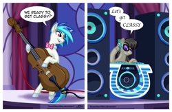 Size: 1515x987 | Tagged: safe, artist:texasuberalles, octavia melody (mlp), vinyl scratch (mlp), earth pony, equine, fictional species, mammal, pony, unicorn, semi-anthro, friendship is magic, hasbro, my little pony, accessory swap, bipedal, bow tie, cello, clothes, colored hooves, duo, female, glasses, holding, hoof hold, hooves, mare, musical instrument, role reversal, speakers, speech bubble, turntable
