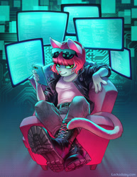 Size: 640x830 | Tagged: safe, artist:tracy butler, cat, feline, mammal, anthro, plantigrade anthro, boots, cell phone, clothes, female, glasses, jacket, looking at you, monitor, phone, shoes, solo, solo female, sunglasses, topwear