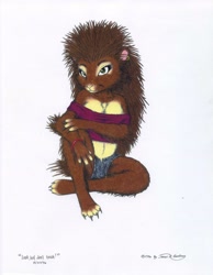 Size: 2550x3280 | Tagged: safe, artist:james m hardiman, oc, oc only, oc:sandra (james m hardiman), mammal, porcupine, rodent, anthro, 1996, 20th century, bracelet, claws, clothes, crop top, ear piercing, female, green eyes, high res, jewelry, looking at you, midriff, paws, piercing, short shorts, signature, simple background, sitting, smiling, solo, solo female, text, topwear, white background