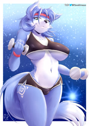 Size: 1470x2079 | Tagged: suggestive, artist:viejillox, krystal (star fox), canine, fox, mammal, anthro, nintendo, star fox, 2020, 5 fingers, belly button, big breasts, black nose, blue body, blue fur, blue hair, body markings, border, bottomwear, breasts, cameltoe, cheek fluff, clothes, cute, cute little fangs, dipstick ears, ear fluff, eyebrows, eyelashes, fangs, female, fluff, fur, gradient background, green eyes, hair, headband, holding, holding object, looking at you, micro shorts, nipple outline, pale belly, shorts, shoulder fluff, signature, smiling, solo, solo female, sports bra, sports shorts, tail, teeth, topwear, underboob, vixen, voluptuous, weights, white body, white border, white fur, wide hips, wristband