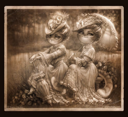 Size: 640x587 | Tagged: safe, artist:tracy butler, cat, feline, mammal, anthro, lackadaisy, clothes, dress, duo, female, flower, hat, looking at you, monochrome, parasol, sepia, smiling