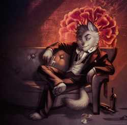 Size: 640x628 | Tagged: safe, artist:tracy butler, nicodeme savoy (lackadaisy), cat, feline, mammal, anthro, plantigrade anthro, lackadaisy, 3 toes, alcohol, bottle, clothes, couch, drink, flower, male, paw pads, paws, tuxedo