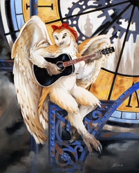 Size: 1028x1280 | Tagged: safe, artist:scale, barn owl, bird, bird of prey, owl, anthro, 2020, acoustic guitar, female, guitar, musical instrument, solo, solo female, traditional art