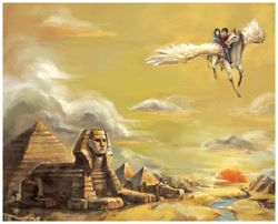 Size: 1020x823 | Tagged: safe, artist:dothaithanh, equine, feline, fictional species, human, mammal, pegasus, sphinx, feral, 2011, ambiguous gender, bottomwear, clothes, cloud, digital art, feathered wings, feathers, flying, fur, great sphinx of giza, group, hooves, pants, pyramid, riding, riding on back, river, scenery, spread wings, statue, sun, topwear, tree, trio, water, white body, white feathers, white fur, wings