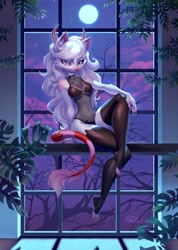 Size: 2920x4096 | Tagged: species needed, suggestive, artist:holivi, anthro, plantigrade anthro, 2020, bedroom eyes, bra, clothes, commission, female, full moon, fur, hair, horns, legwear, looking at you, moon, see-through, sitting, solo, solo female, stockings, tail, toeless legwear, underwear, white body, white fur, white hair