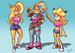 Size: 3508x2480 | Tagged: safe, artist:kevintrentin, tawna bandicoot (crash bandicoot), bandicoot, mammal, marsupial, anthro, plantigrade anthro, cc by-nc, crash bandicoot (series), creative commons, 2020, belly button, blonde hair, bottomwear, bra, clothes, commission, crop top, female, hair, high res, jeans, midriff, pants, self paradox, shoes, shorts, signature, sneakers, topwear, trio, trio female, underwear, weapon