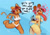 Size: 1182x826 | Tagged: suggestive, artist:panken, garfield (garfield), odie (garfield), oc, oc:odiette, canine, cat, dog, feline, mammal, anthro, plantigrade anthro, garfield (comic), abstract background, barefoot, bdsm, big butt, blue background, blushing, bra, breasts, brown hair, butt, cleavage, clothes, duo, duo female, ears, female, funny porn, fur, hair, heart, imminent pain, kicking, long tongue, masochism, motion lines, orange body, orange fur, panties, pink hair, rule 63, saliva, signature, simple background, speech bubble, striped fur, sweat, tail, tail wag, talking, tan body, tan fur, text, tongue, tongue out, underwear, vulgar