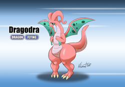 Size: 1200x834 | Tagged: safe, artist:volamont, dragonite, fictional species, goodra, anthro, digitigrade anthro, cc by-nc-nd, creative commons, nintendo, pokémon, 2019, abstract background, ambiguous gender, claws, fusion, pink body, signature, solo, solo ambiguous, webbed wings, wings