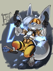 Size: 960x1280 | Tagged: suggestive, artist:reign-2004, tracer (overwatch), oc, oc only, oc:maxwell (reign-2004), canine, fennec fox, fox, mammal, anthro, 2017, brown eyes, bulge, male, paw pads, paws, smiling, solo, solo male, underpaw, weapon