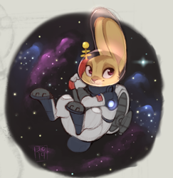 Size: 1040x1071 | Tagged: safe, artist:reign-2004, oc, oc only, hare, lagomorph, mammal, anthro, digitigrade anthro, 2017, blaster, energy weapon, female, fur, nebula, purple eyes, solo, solo female, space, spacesuit, tan body, tan fur, weapon