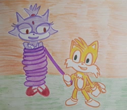 Size: 1280x1113 | Tagged: safe, artist:dexstewart13, blaze the cat (sonic), miles "tails" prower (sonic), canine, cat, feline, fox, mammal, red fox, anthro, sega, sonic the hedgehog (series), 2020, bondage, brown eyes, dipstick tail, female, fluff, green eyes, male, multiple tails, orange tail, tail, tail fluff, two tails, white tail