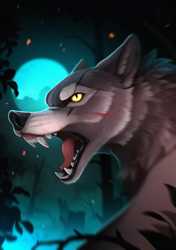 Size: 1450x2060 | Tagged: safe, artist:yakovlev-vad, canine, mammal, wolf, feral, ambiguous gender, angry, forest, moon, solo, solo ambiguous, yellow eyes