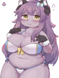 Size: 860x1140 | Tagged: species needed, suggestive, artist:eigetsu5008, oc, oc only, anthro, 2020, big breasts, blushing, bottomwear, breasts, clothes, commission, female, fur, kemono, lavender fur, lavender hair, simple background, slightly chubby, solo, solo female, topwear, white background, yellow eyes