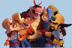 Size: 3000x2014 | Tagged: safe, artist:elinapires, coco bandicoot (crash bandicoot), crash bandicoot (crash bandicoot), dingodile (crash bandicoot), dr. neo cortex (crash bandicoot), tawna bandicoot (crash bandicoot), bandicoot, canine, crocodile, crocodilian, dingo, human, hybrid, mammal, marsupial, reptile, anthro, crash bandicoot (series), female, group, happy, high res, male, smiling