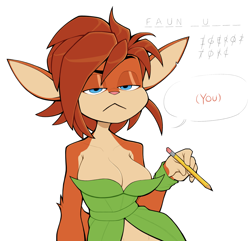 Size: 1884x1818 | Tagged: suggestive, artist:coolstylefag, elora (spyro), faun, fictional species, mammal, anthro, spyro the dragon (series), 2020, blue eyes, breasts, brown body, brown fur, brown hair, cleavage, cyan eyes, dialogue, female, frowning, fur, hair, hands, hangman (game), lidded eyes, looking at you, pencil, pencil drawing, pointy ears, simple background, smug, solo, solo female, speech bubble, talking, talking to viewer, tan body, tan fur, white background