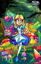 Size: 776x1200 | Tagged: safe, artist:metalghost_art, alice (disney's alice in wonderland), cheshire cat (disney's alice in wonderland), coco bandicoot (crash bandicoot), pura (crash bandicoot), bandicoot, big cat, feline, mammal, marsupial, tiger, anthro, feral, alice in wonderland (1951), crash bandicoot (series), disney, alice coco bandicoot, bottomwear, clothes, cosplay, crossover, dress, duo, female, forest, male, mushroom, skirt