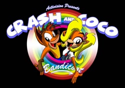 Size: 1136x803 | Tagged: safe, artist:smudgerist60027, coco bandicoot (crash bandicoot), crash bandicoot (crash bandicoot), bandicoot, mammal, marsupial, anthro, crash bandicoot (series), looney tunes, warner brothers, brother, brother and sister, crossover, duo, female, male, rainbow, siblings, sister