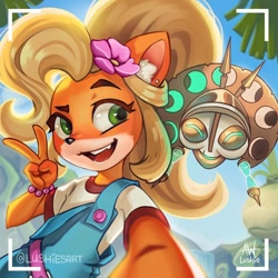 Size: 600x600 | Tagged: safe, artist:lushies-art, coco bandicoot (crash bandicoot), kupuna-wa (crash bandicoot), bandicoot, mammal, marsupial, anthro, crash bandicoot (series), cute, duo, duo female, female, gesture, happy, mask, selfie, smiling, v sign
