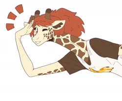 Size: 1520x1265 | Tagged: safe, artist:slightlysimian, oc, oc only, giraffe, mammal, anthro, 2020, brown eyes, clothes, female, fur, looking at you, one eye closed, shirt, smiling, smiling at you, solo, solo female, spotted fur, t-shirt, topwear, ungulate, winking