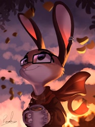 Size: 1542x2048 | Tagged: safe, artist:relaxableart, oc, oc only, oc:ciderbun, fictional species, jackalope, lagomorph, mammal, anthro, disney, zootopia, 2020, autumn, clothes, drink, ear piercing, earring, featured image, female, freckles, glasses, leaf, mug, piercing, smiling, solo, solo female, sweater, topwear