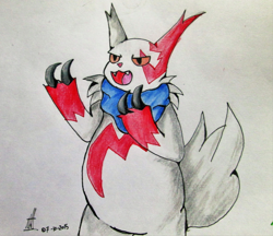 Size: 1388x1200 | Tagged: safe, artist:almaustral, fictional species, mammal, zangoose, semi-anthro, nintendo, pokémon, ambiguous gender, claws, clothes, open mouth, scarf, signature, solo, solo ambiguous, traditional art