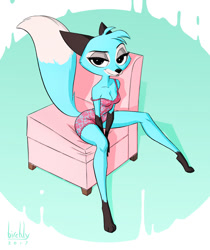 Size: 700x832 | Tagged: safe, artist:birchly, oc, oc only, oc:jacinta, canine, fox, mammal, anthro, 2017, abstract background, bedroom eyes, black outline, blue body, blue fur, breasts, chair, cleavage, clothes, dress, eyeshadow, female, fur, lidded eyes, looking at you, makeup, signature, simple background, smiling, solo, solo female, teal background, vixen, white background