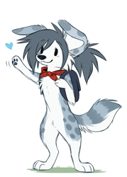 Size: 681x953 | Tagged: safe, artist:aseethe, oc, oc only, oc:vivi (aseethe), australian shepherd, canine, dog, mammal, semi-anthro, arm fluff, backpack, bipedal, black eyes, blush sticker, blushing, camping, camping outfit, cheek fluff, chest fluff, cute, ear fluff, elbow fluff, female, floppy ears, fluff, fur, grass, gray body, gray fur, gray hair, hair, heart, motion lines, nudity, paw pads, paws, ponytail, pubic fluff, simple background, smiling, solo, solo female, spotted fur, standing, striped tail, stripes, tail, tail fluff, vacation, waving, white background, white body, white fur
