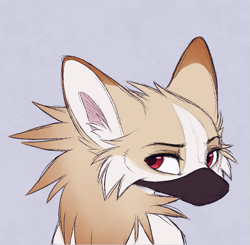 Size: 603x590 | Tagged: safe, artist:aseethe, oc, oc only, oc:seraph, semi-anthro, abstract background, cheek fluff, ear fluff, ears, female, fluff, fur, gray background, head fluff, looking to the side, mask, neck fluff, patreon reward, red eyes, shapeshifter, simple background, sketch, solo, solo female, tan body, tan fur