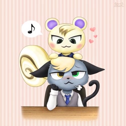 Size: 1280x1280 | Tagged: safe, artist:nightfury2020, marshal (animal crossing), raymond (animal crossing), cat, feline, mammal, rodent, siamese, squirrel, anthro, animal crossing, animal crossing: new horizons, nintendo, 2020, black tail, blushing, clothes, digital art, duo, duo male, fur, gray body, gray fur, head fluff, heart, heterochromia, long sleeves, male, males only, missing accessory, musical note, necktie, shirt, speech bubble, tail, tan body, tan fur, topwear, undershirt, vest