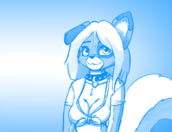 Size: 1200x927 | Tagged: safe, artist:warskunk, canine, dog, mammal, anthro, blue background, clothes, collar, female, shirt, simple background, solo, solo female, topwear