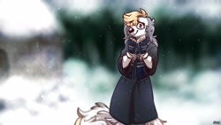 Size: 3555x2000 | Tagged: safe, artist:lrusu, oc, oc only, canine, dog, mammal, anthro, 2020, blonde hair, clothes, coat, commission, eye through hair, female, fur, gloves, gray hair, hair, high res, looking at you, multicolored hair, purple eyes, scarf, smiling, smiling at you, snow, topwear, white body, white fur, winter