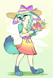 Size: 747x1089 | Tagged: safe, artist:aseethe, oc, oc only, oc:maeve (maevethefox), canine, fox, mammal, anthro, 2d, abstract background, blue body, blue fur, blue hair, bouquet, braid, clothes, commission, dipstick tail, dress, ear fluff, eyes closed, female, flower, flower in hair, fluff, fur, green body, green fur, green hair, hair, hair accessory, hat, neck fluff, open mouth, paws, ribbon, signature, sleeveless, smiling, solo, solo female, sun hat, tail, turquoise fur, turquoise hair, vixen, walking, white body, white fur