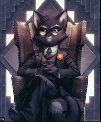 Size: 589x712 | Tagged: safe, artist:tracy butler, mordecai heller (lackadaisy), cat, feline, mammal, anthro, plantigrade anthro, lackadaisy, abstract background, boutonniere, chair, clothes, crossed legs, flower, fluff, fur, glasses, gloves, hair, head fluff, looking at you, male, necktie, pince-nez, round glasses, sitting, slit pupils, solo, solo male, suit, tail, tail fluff