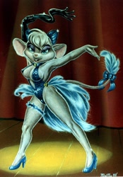 Size: 536x768 | Tagged: suggestive, artist:steve martin, miss kitty (the great mouse detective), mammal, mouse, rodent, anthro, disney, the great mouse detective, 1988, 20th century, blue eyes, breasts, cleavage, clothes, dancing, evening gloves, eyeshadow, feathers, female, garter, gloves, hair accessory, high heels, long gloves, makeup, nipple outline, shoes, solo, solo female, spotlight, stage, tail, undressing