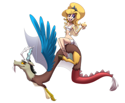 Size: 982x813 | Tagged: safe, artist:lui-ra, discord (mlp), eris (grim billy & mandy), draconequus, fictional species, feral, humanoid, cartoon network, friendship is magic, hasbro, my little pony, the grim adventures of billy & mandy, blonde hair, bottomwear, clothes, crossover, duo, duo male and female, female, goddess, hair, male, riding, skirt, this will end in chaos, xk-class end-of-the-world scenario